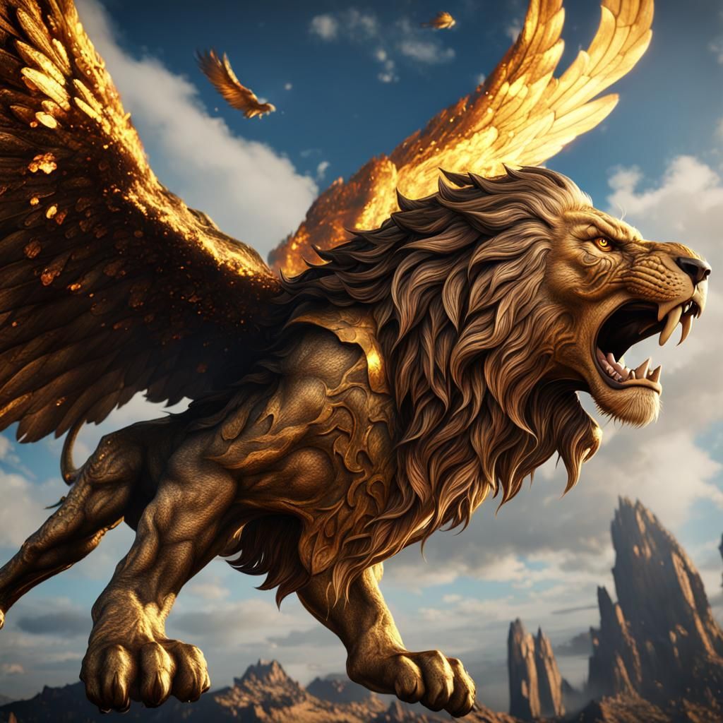Hyperrealistic Fire Lion with Golden Shields