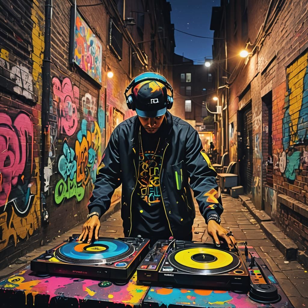 DJ in Alleyway: Vibrant Street Art in Fauvist Style