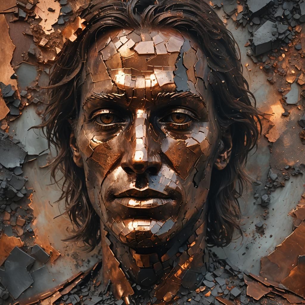 Copper Pixelated Face in Impressionist Digital Art