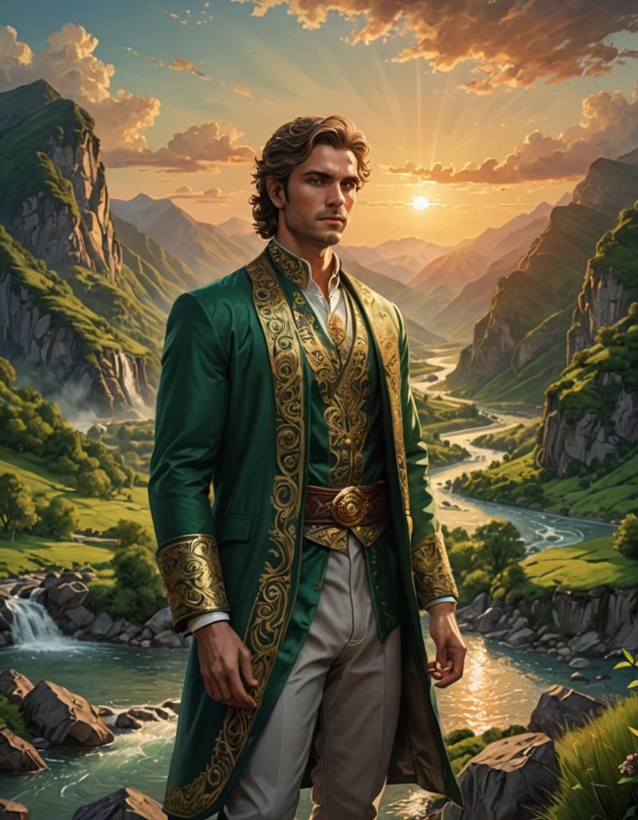 Powerful Deity in Mountainous Landscape at Sunset