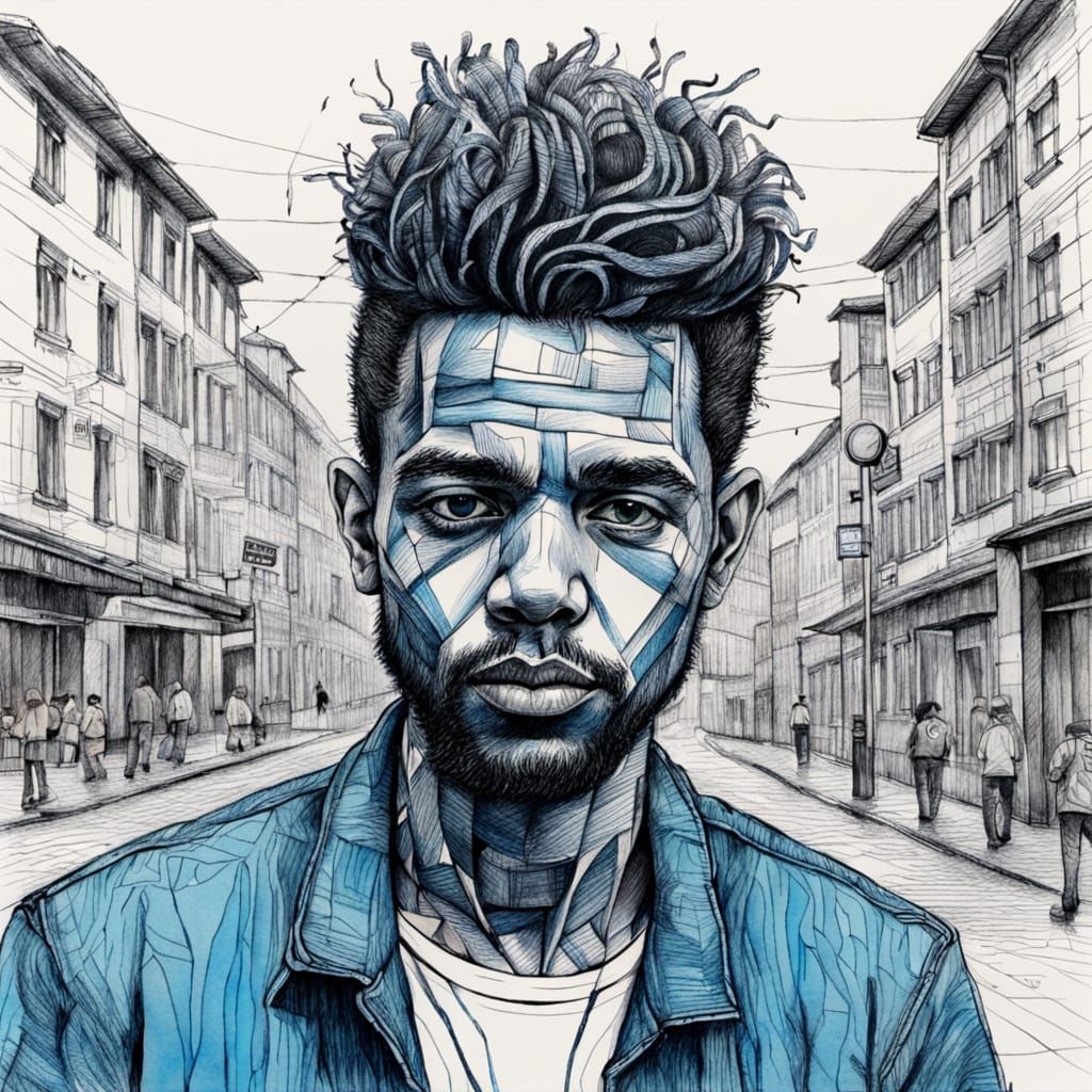 Street Musician in Monochromatic Crosshatching