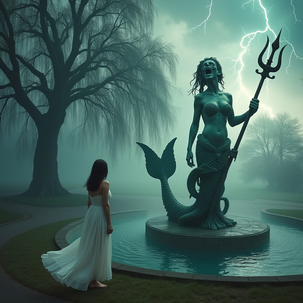 Eerie Mermaid Fountain in Stormy Parkland: Cinematic Style
