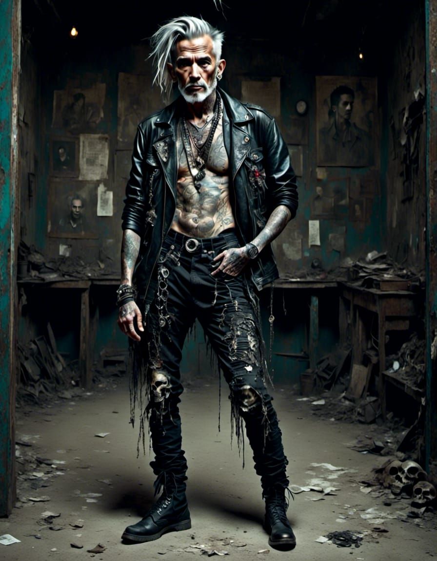 Elderly Punk Man in Grungy Interior