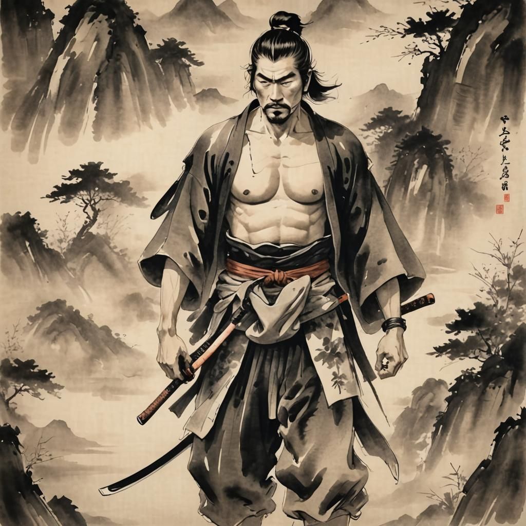 Shirtless samurai inkwash
