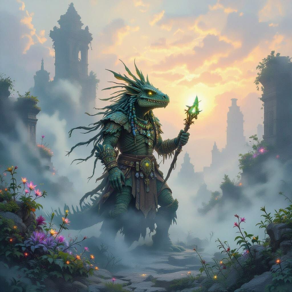 Lizardmen Shaman in Ethereal Mist, Thomas Kinkade Style