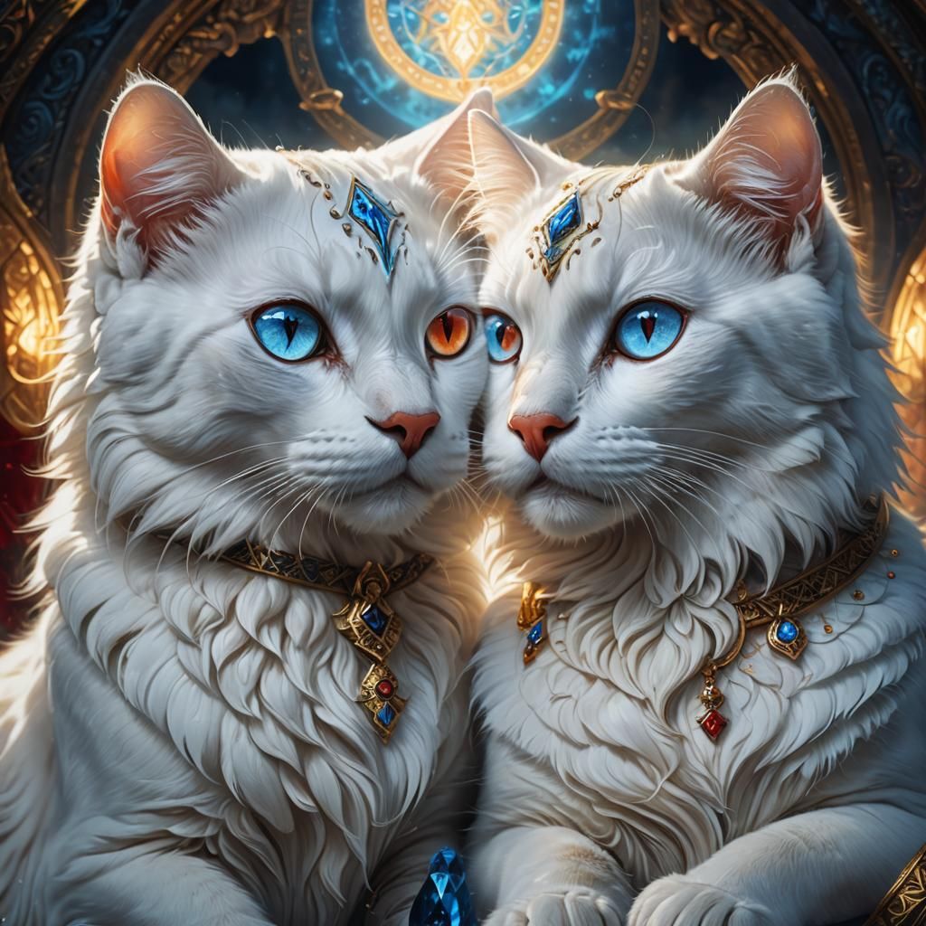 Mystical White Cats Adorn Ancient Artifact with Ethereal Glo...