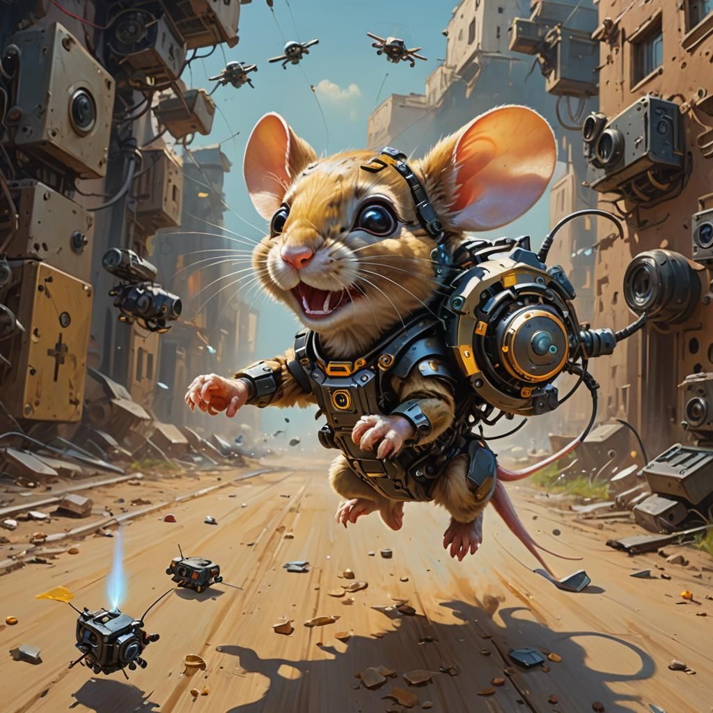 Cyborg Mouse Chasing Drone as Oil Painting