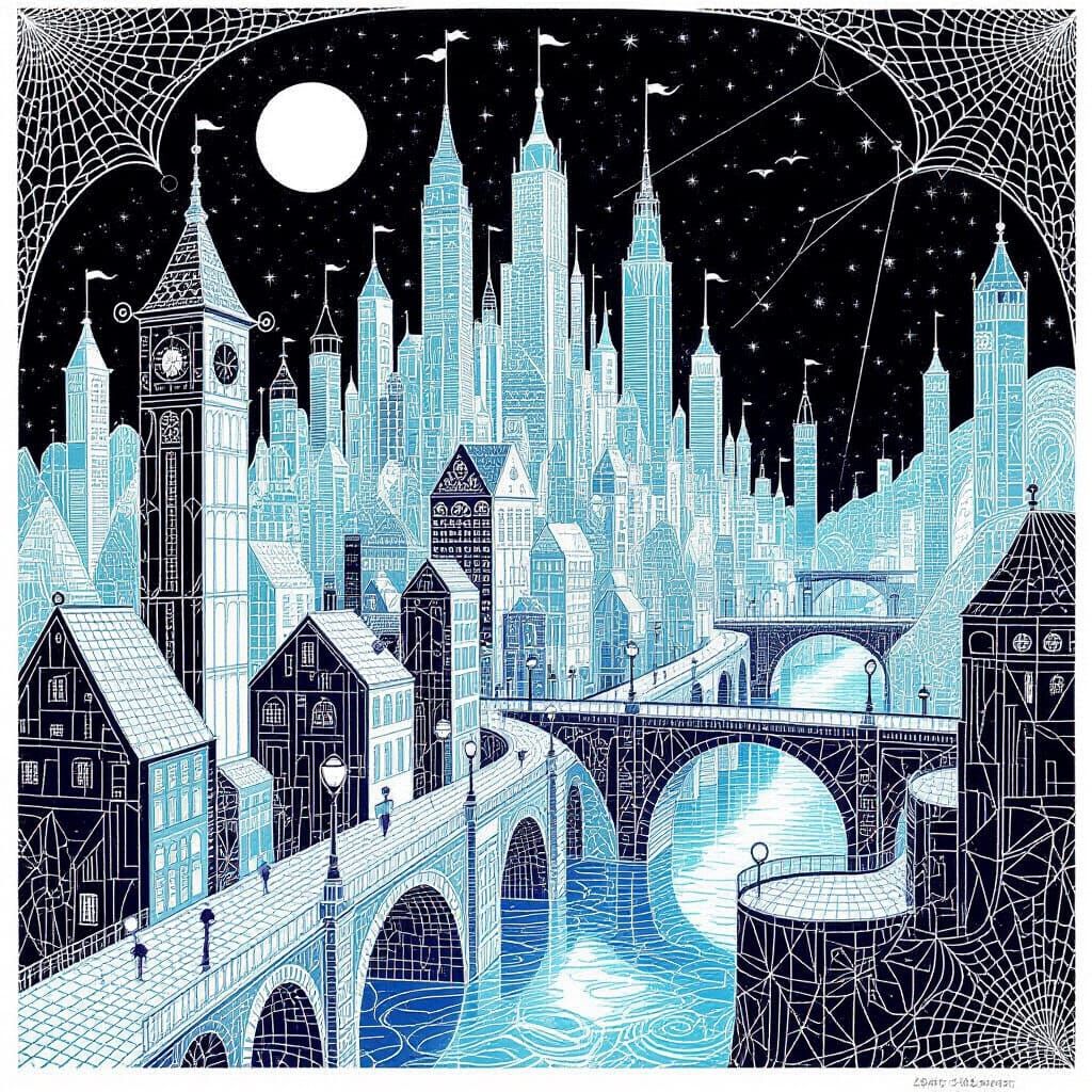 Spider Silk Cityscape in Geometric Abstract Style