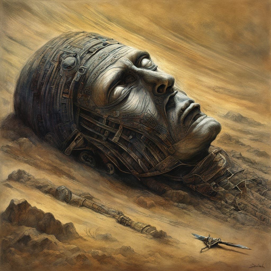 Ancient Anunnaki Mummy Face in Sand, Macabre Style