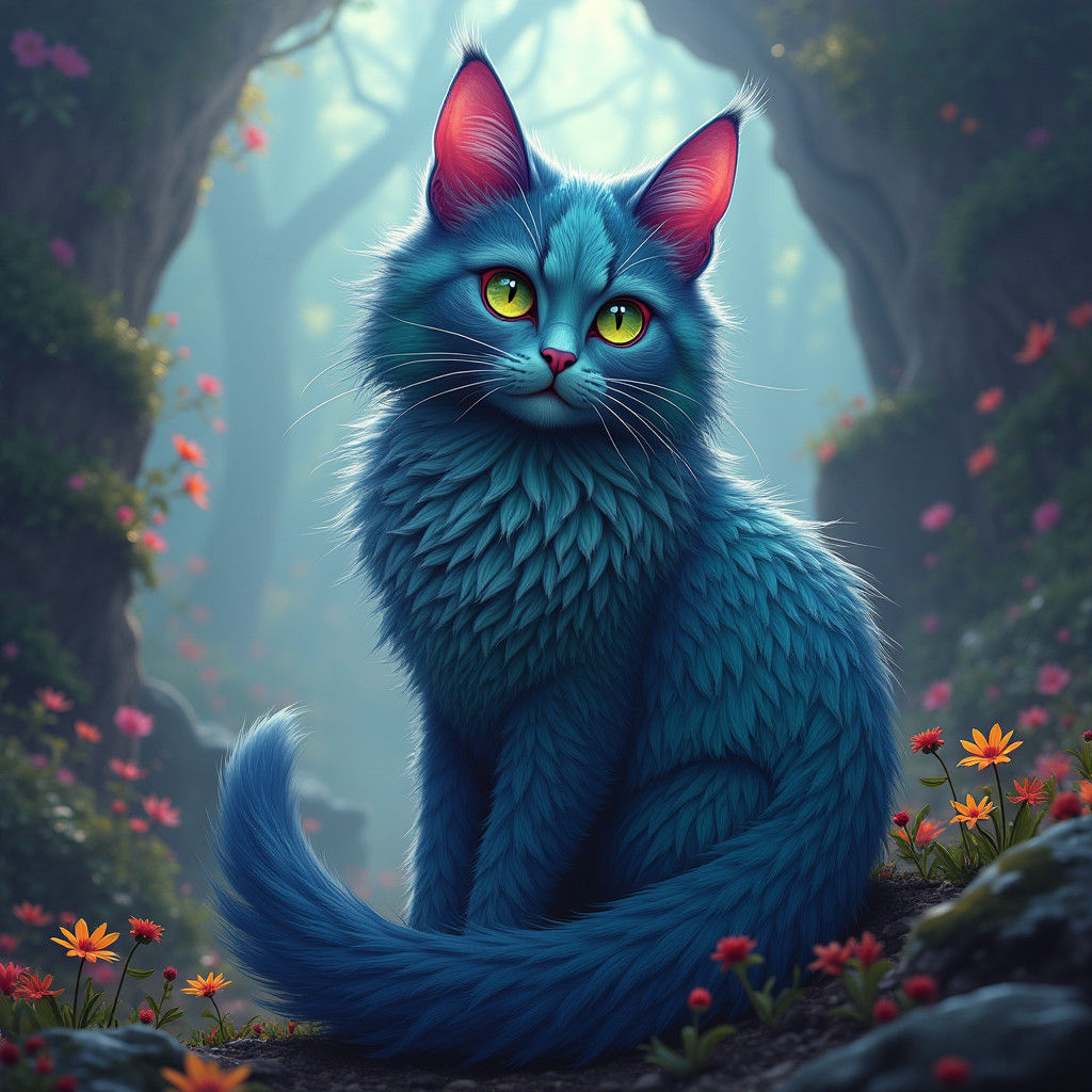 Mystical Cat with Iridescent Fur in Fantasy Landscape