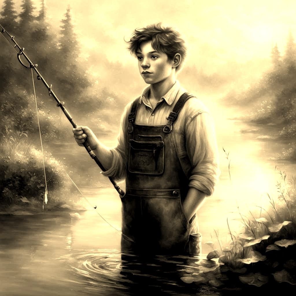 Whimsical Boy Fisherman in Ethereal Fantasy Landscape