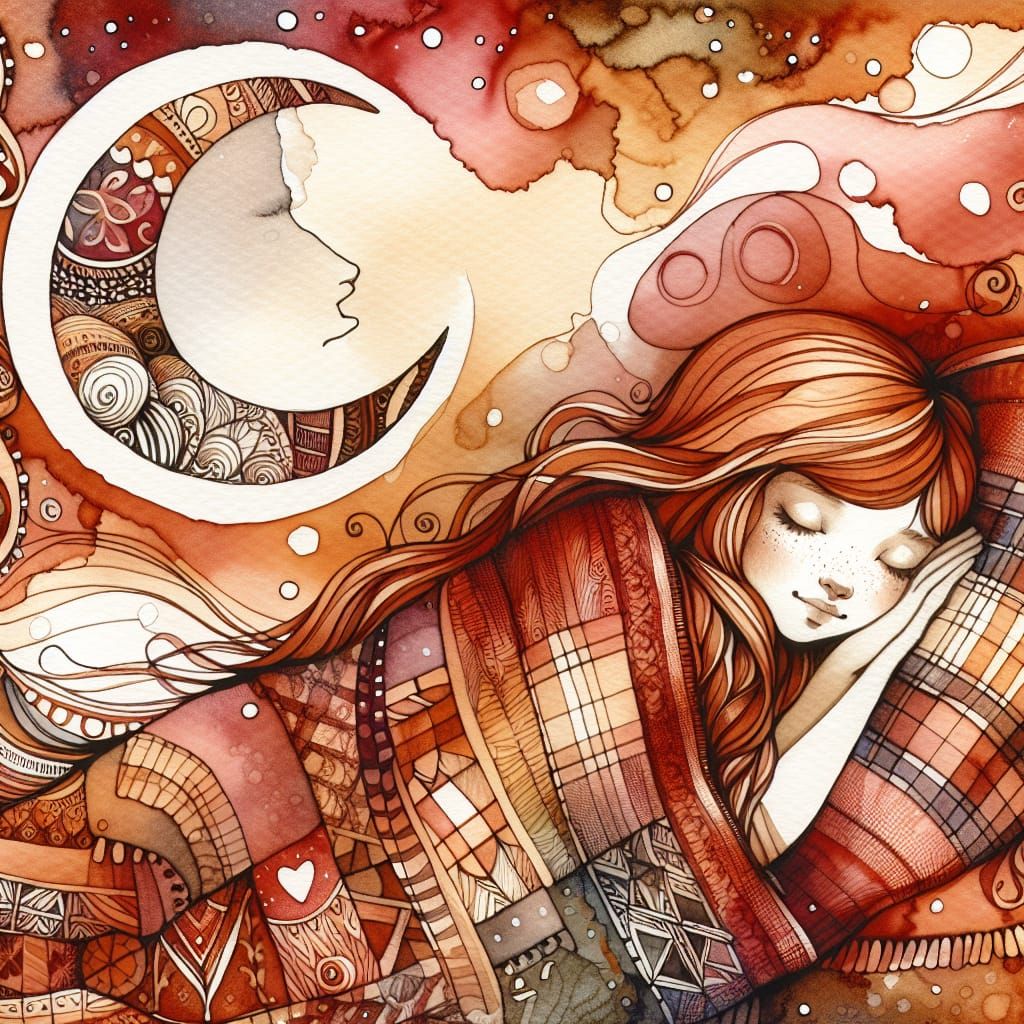 Whimsical Watercolor of a Sleeping Girl Under a Crescent Moo...