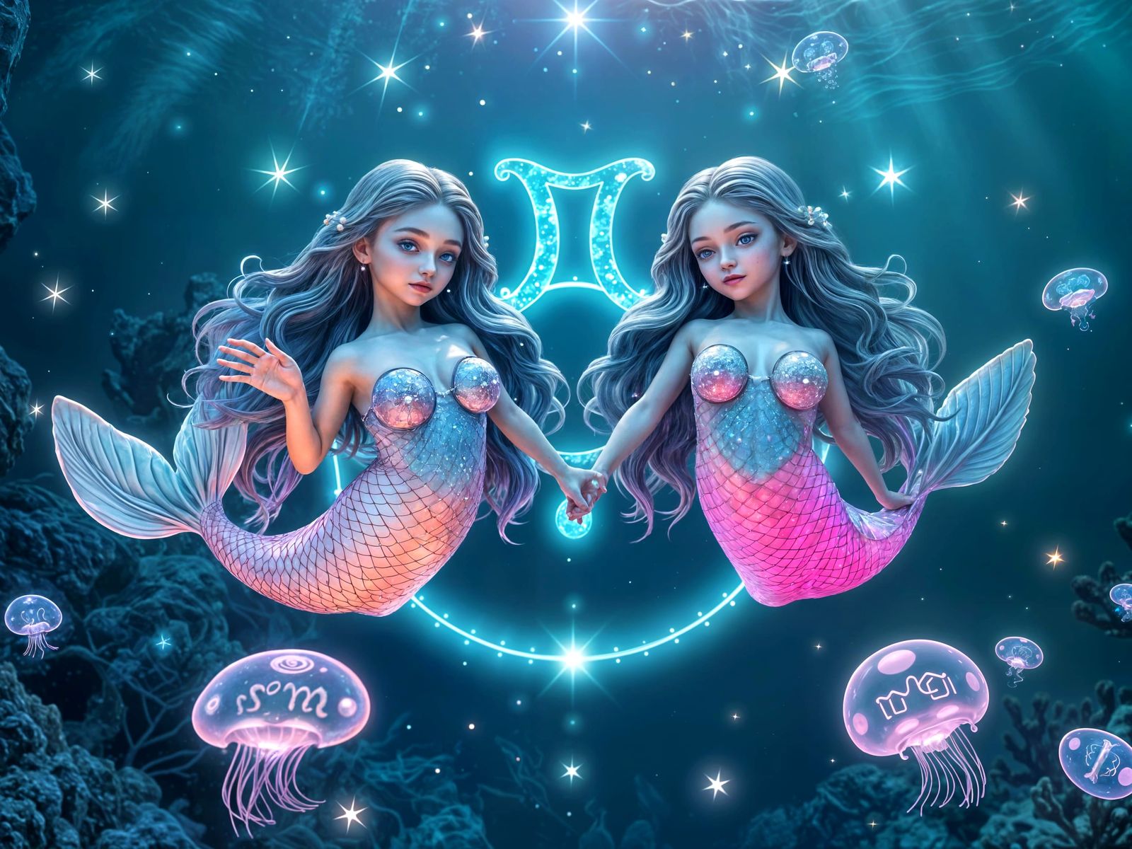 Surreal Pisces Mermaids in Cosmic Harmony