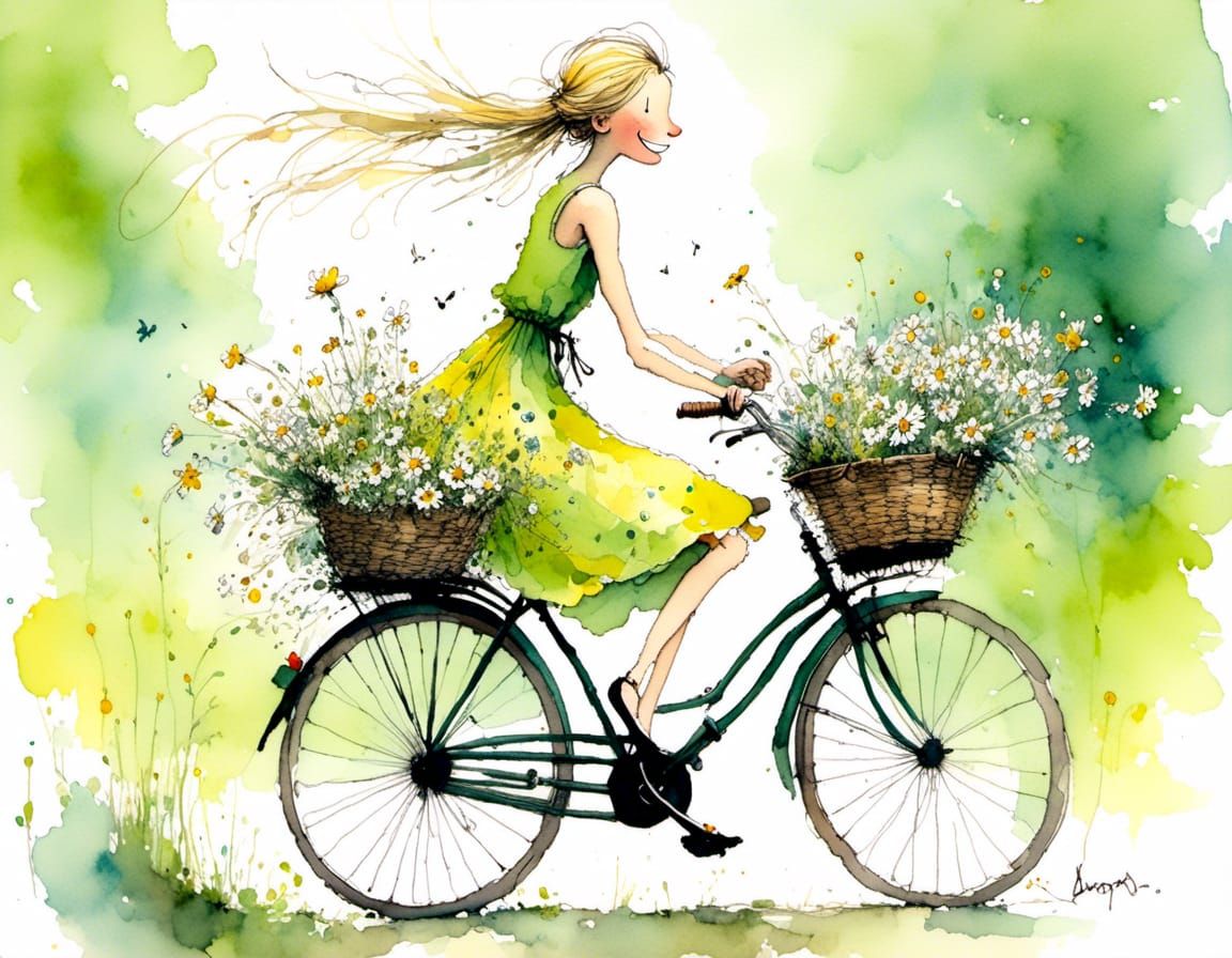 Girl on Bicycle in Quentin Blake Style