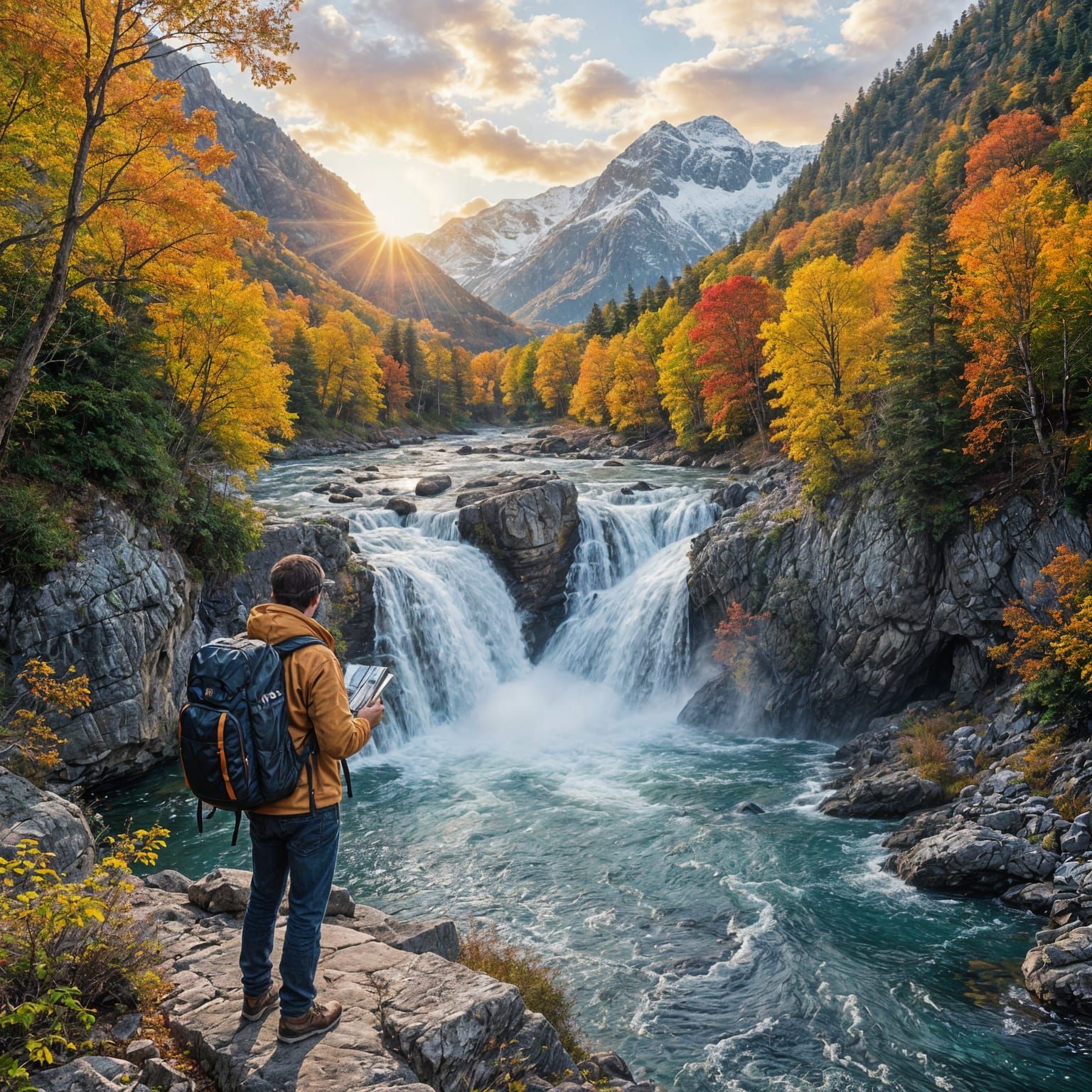 Lone Traveler Overlooks Autumn Mountain Cascade in Golden Ho...