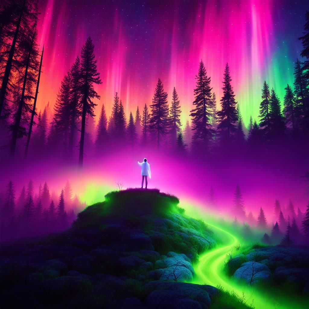 Neon Aurora Illuminates Misty Forest in Matte Painting