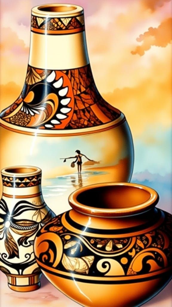 Native American Pottery with Woman, Organic Art Style