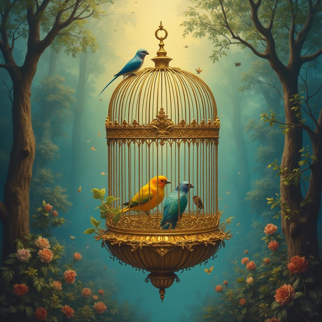 Surreal Golden Cage with Exotic Birds in Dreamlike Landscape