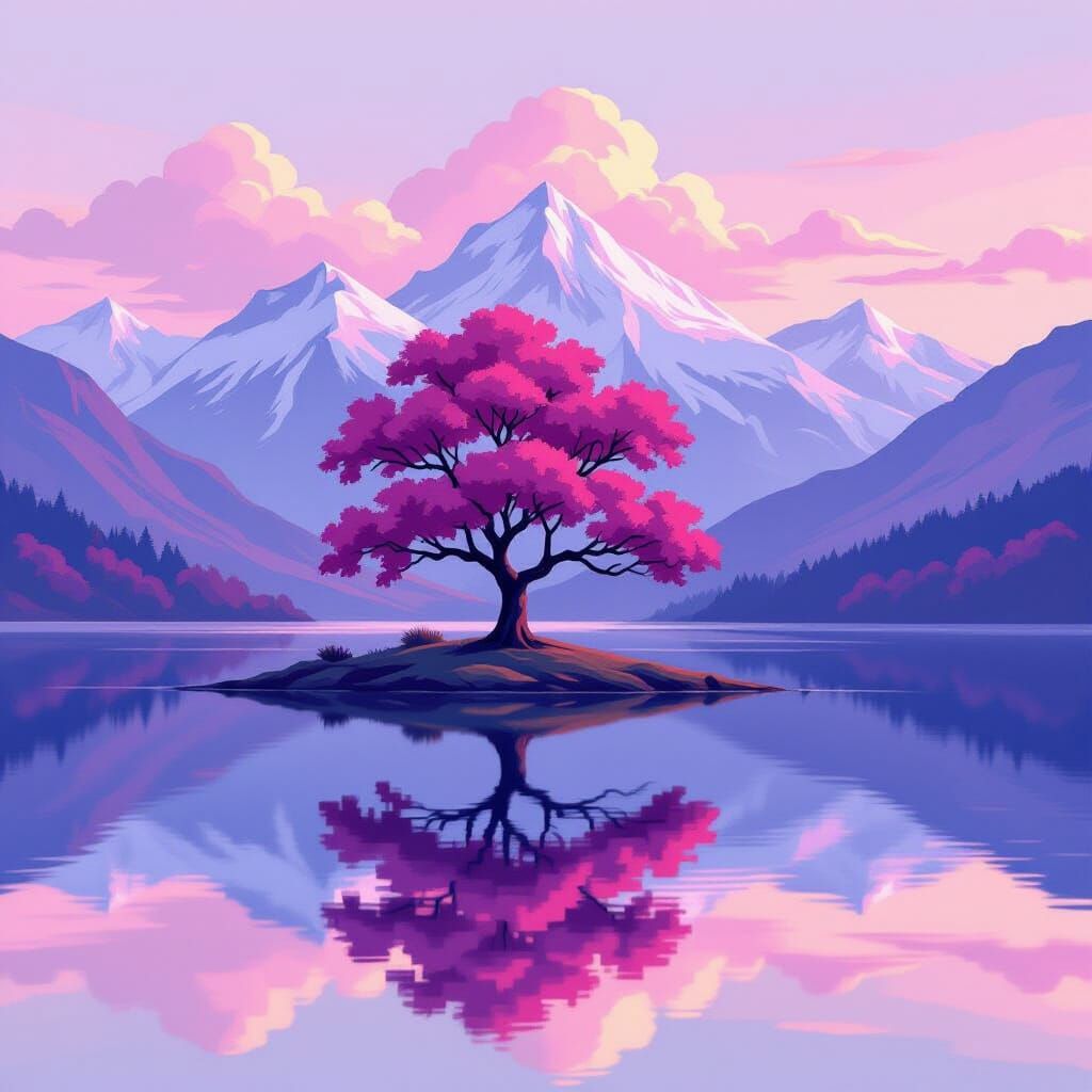 Pink Tree on Lakeshore in Dreamy Pastel Style