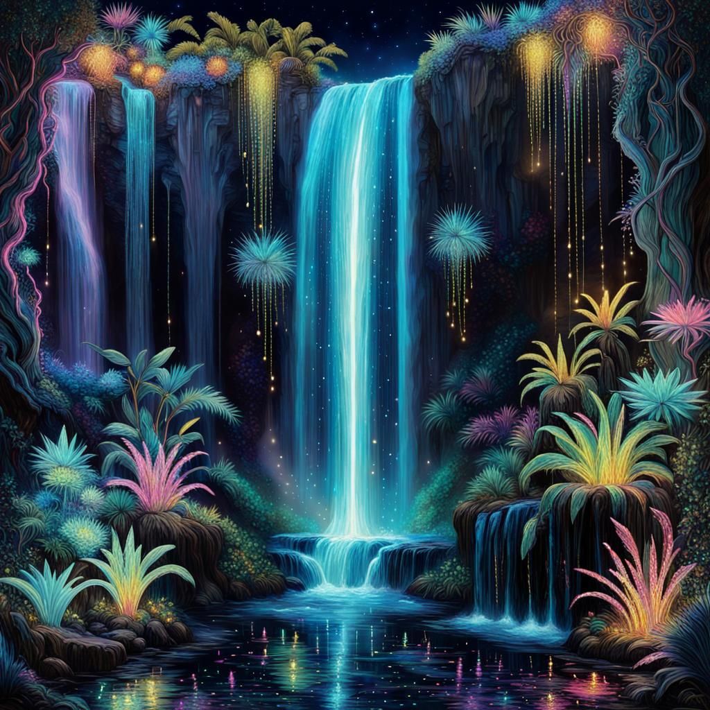Bioluminescent Waterfall: Galactic Oasis in Van Gogh Style