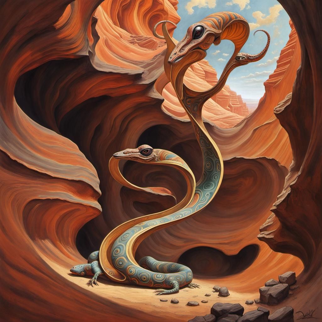 Gila Monster and Moebius Strip in Canyon, Surreal Art