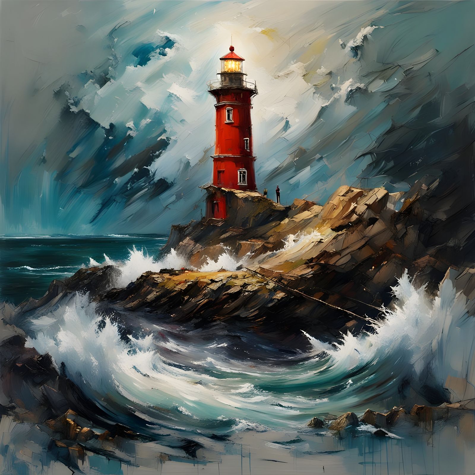 Dramatic Lighthouse Impasto Painting at Night
