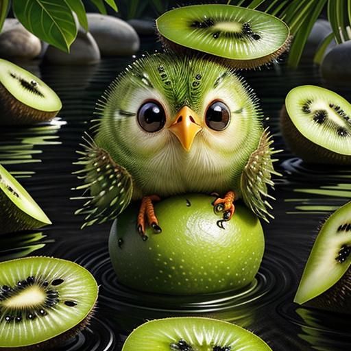 Kiwi Bird on Fruit Plunging into Water