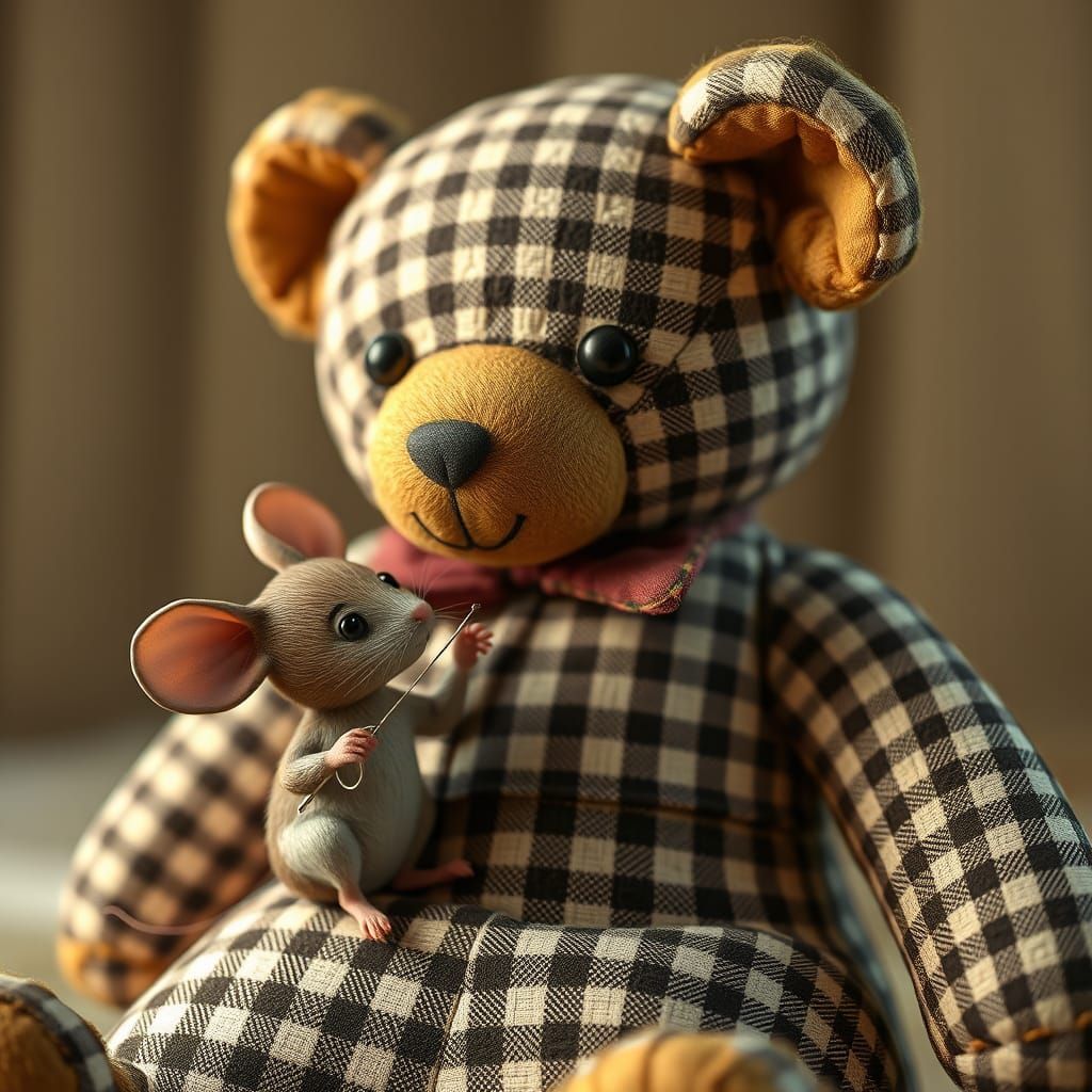 Cute Mouse Mends Gingham Teddy Bear in Whimsical Scene
