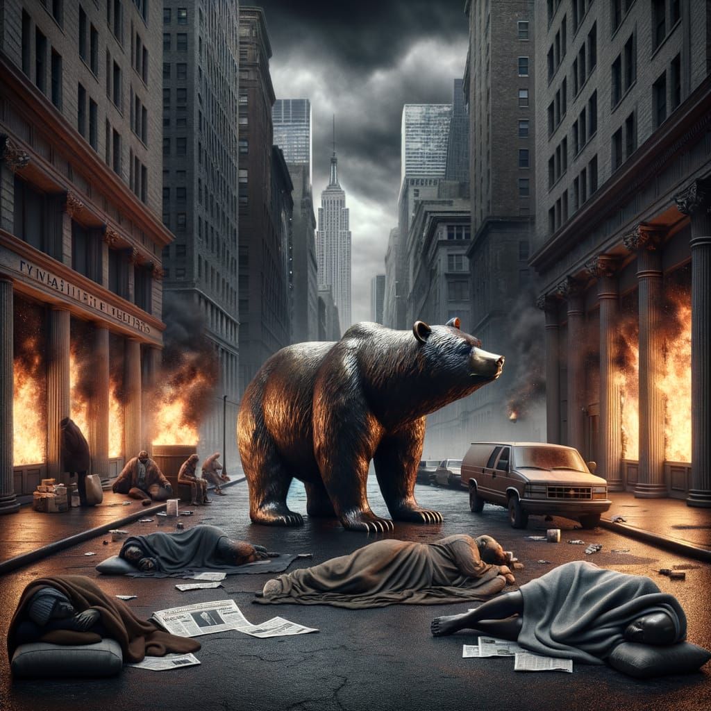 Gloomy New York City Street Scene with Homeless and Burning ...