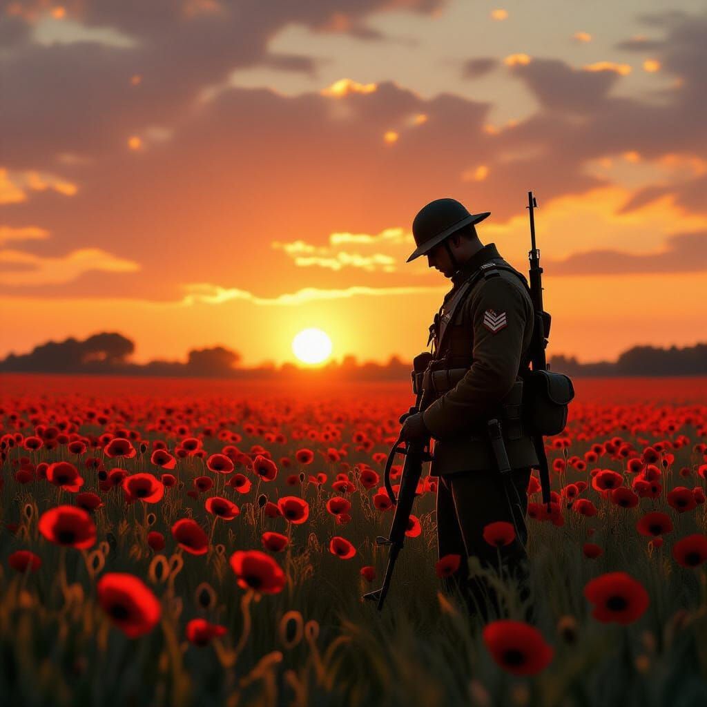 Soldier Silhouette at Sunset in Poppy Field