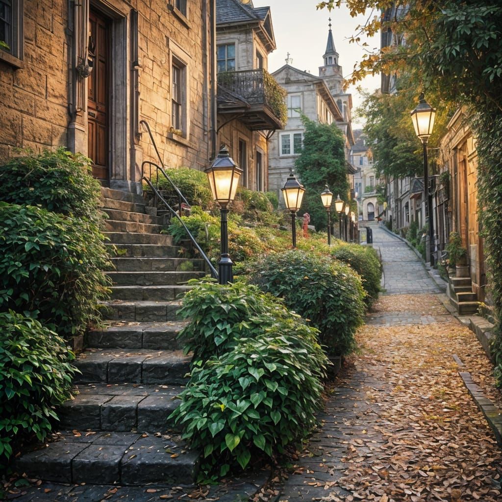 Autumn Cobblestone Steps with Vintage Street Lamps