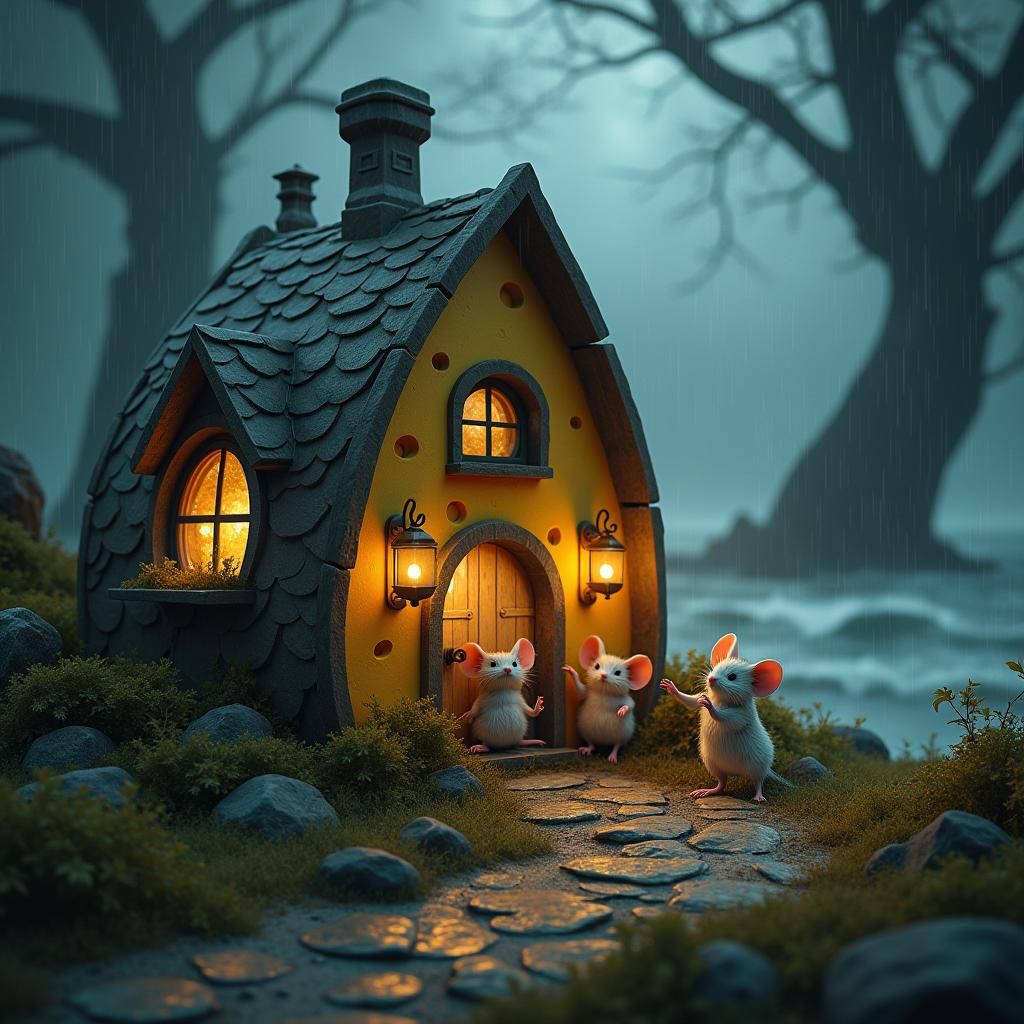 Mice Family Shelter from Typhoon, Atmospheric Matte Painting