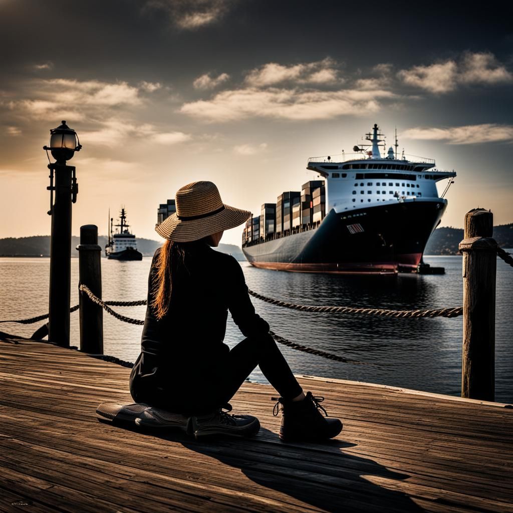 Hyperrealistic Woman Gazing at Ships from Dock