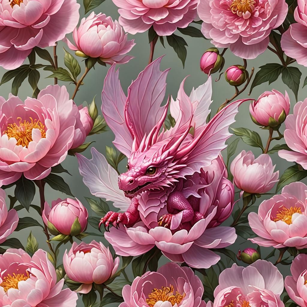 Pink Dragon Perched in Pink Peony Flower