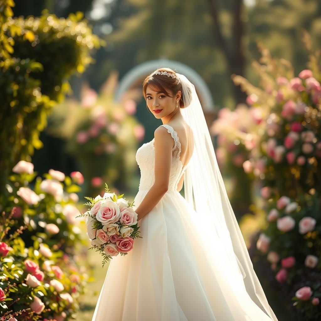 Elegant Bride in Sunlit Garden: Hyperrealistic Digital Art