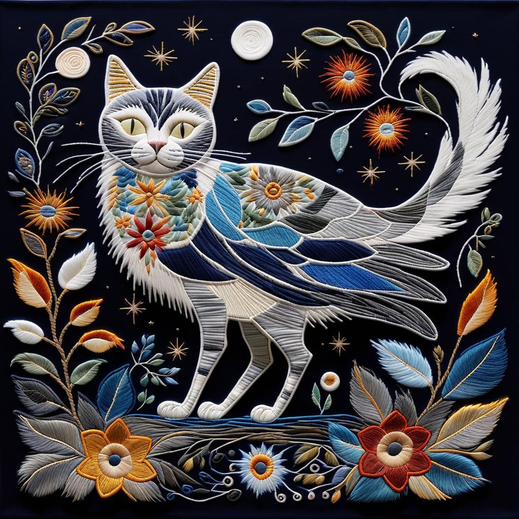 Embroidered Cats Stargazing in Surrealist Landscape