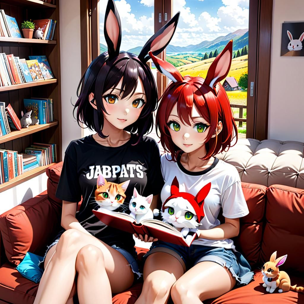 Anime Girls Reading Manga in Cozy Cottage