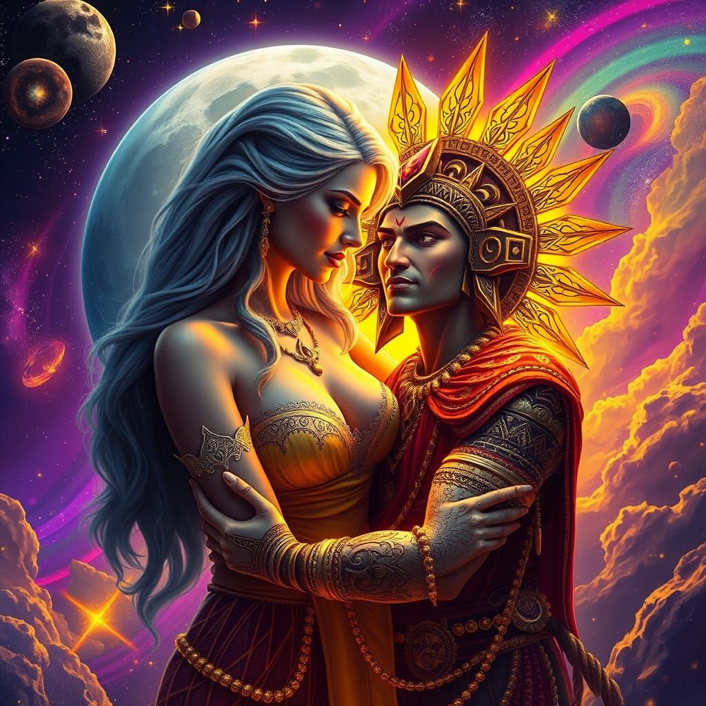 Moon Goddess and Sun God Embrace in Cosmos