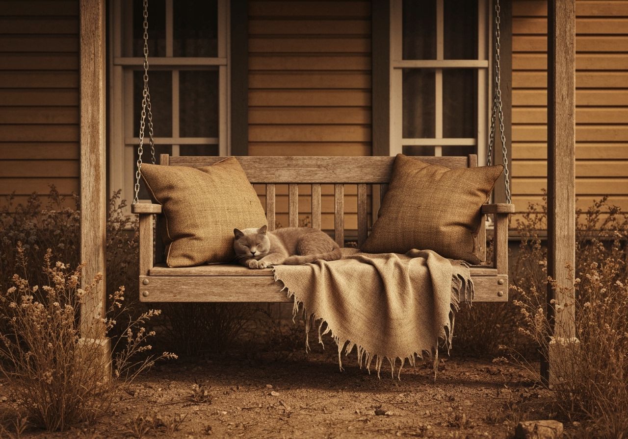 Gray Cat Sleeping Peacefully on Rustic Porch Swing