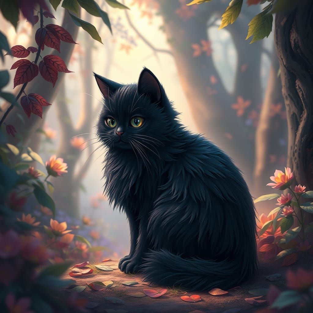 Whimsical Black Cat in Mystical Forest with Vibrant Foliage ...