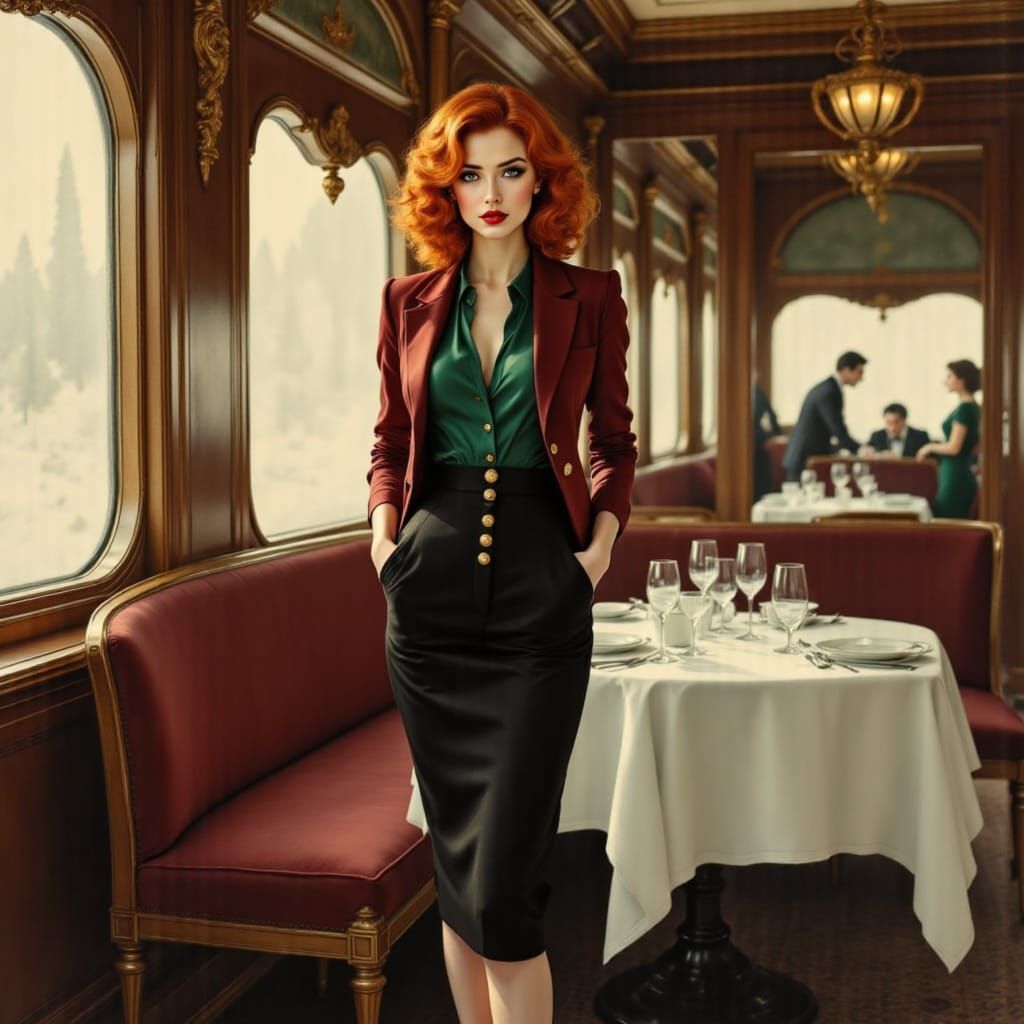 Elegant Woman in Luxury Train Carriage