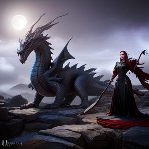 Black Dragon and Dark Witch Fantasy Concept Art