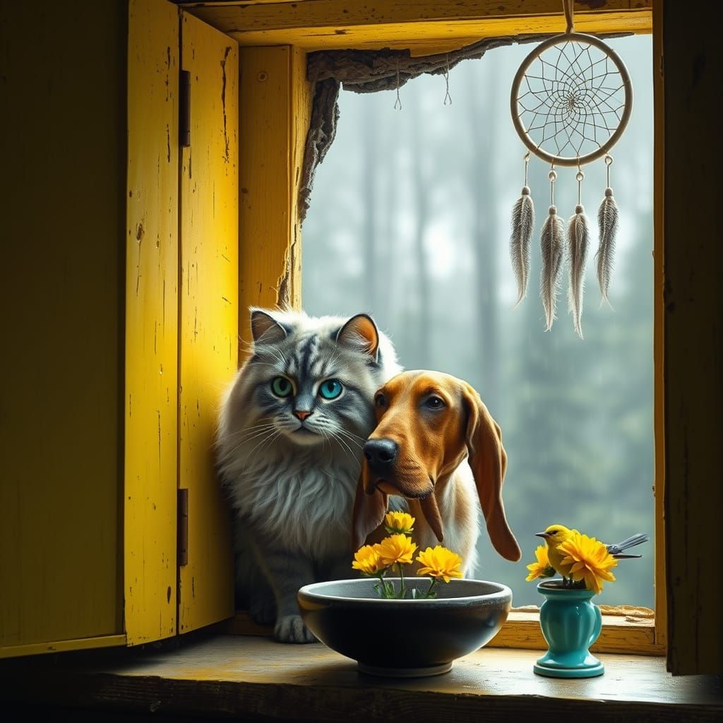 Cat and Hound by the Window, Detailed Matte Painting