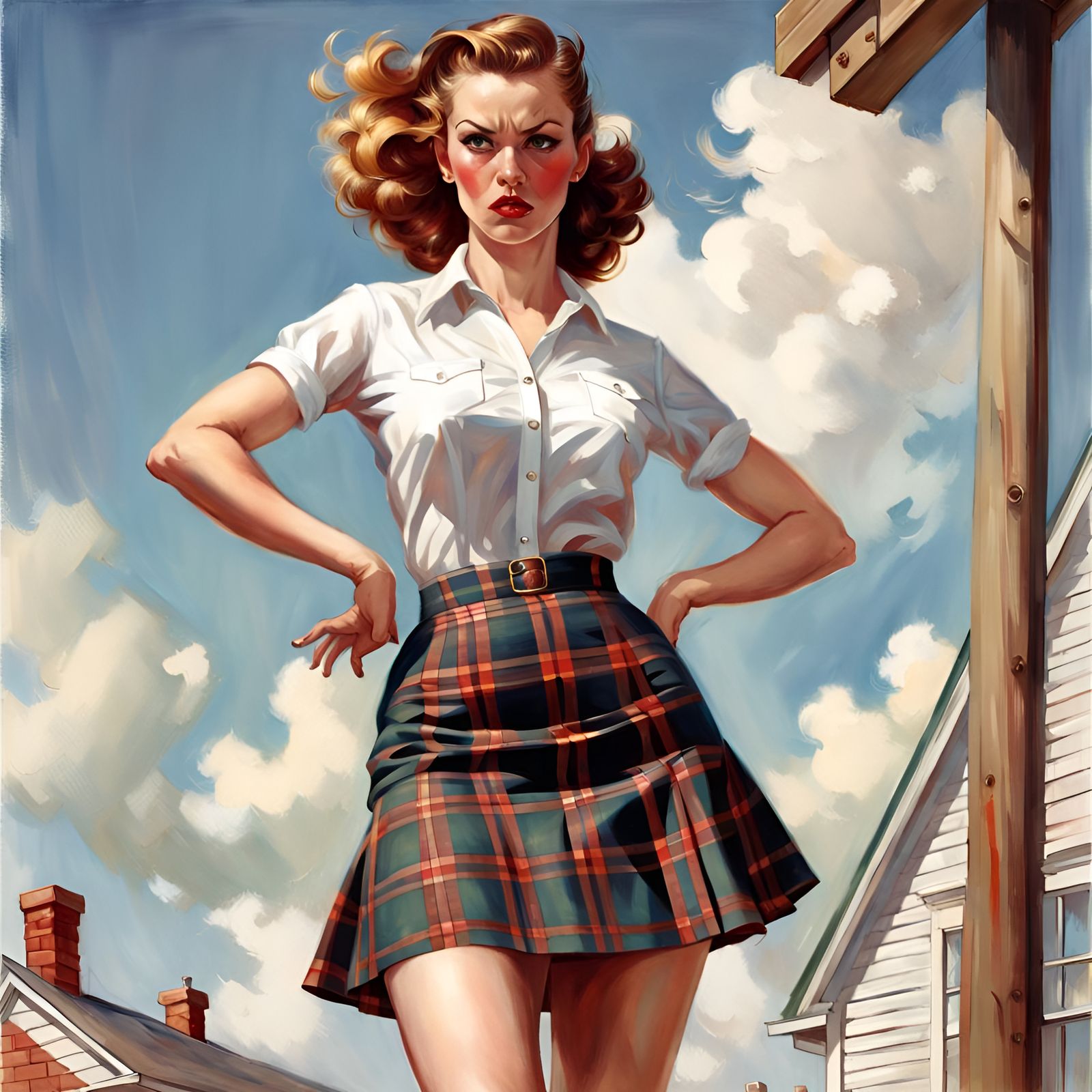 Angry Woman in Plaid Skirt, Pin-Up Style