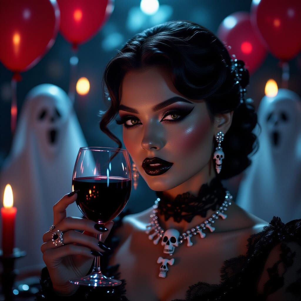 Gothic Glamour Woman at Haunted Party with Bone Jewelry