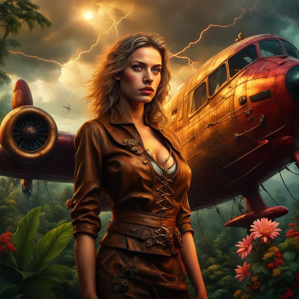 Magical Jungle Girl with Steampunk Airplane, Fantasy Art