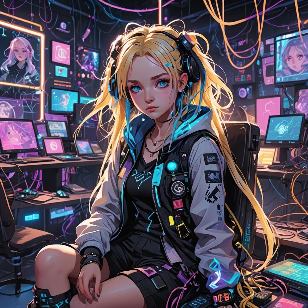 Cyber Goth Hacker Luna Lovegood in Anime Style