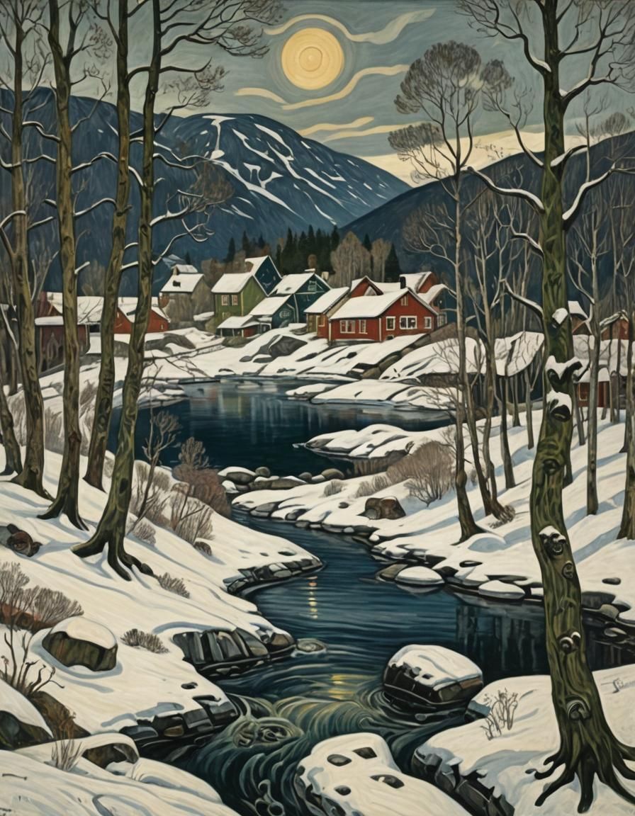 Nordic Landscape in Woodcut Style