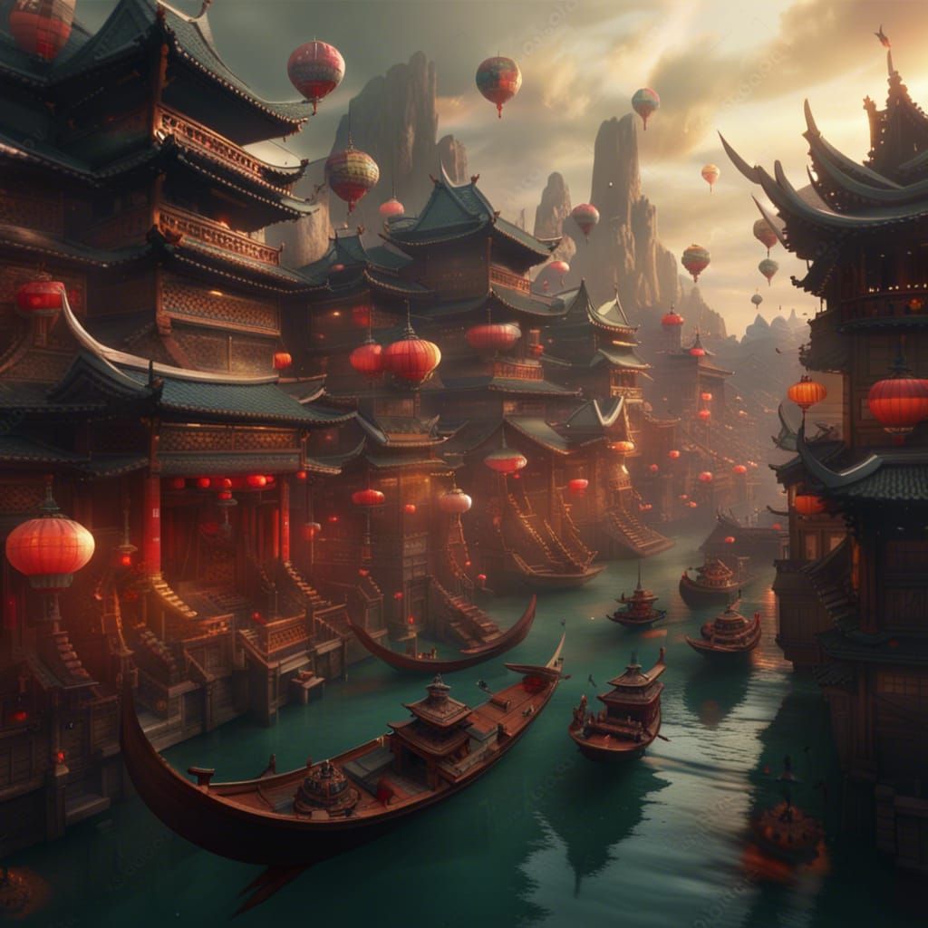 Ancient Asian City with Flying Dragons