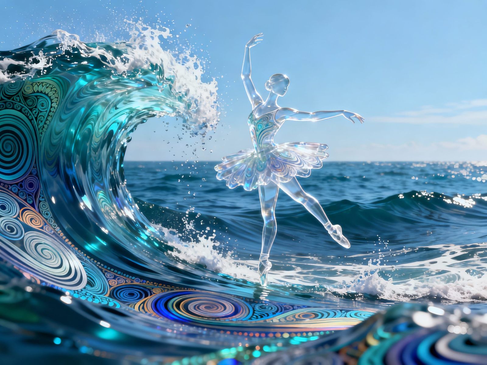 Hyperrealistic Transparent Wave Dancer in Vast Ocean